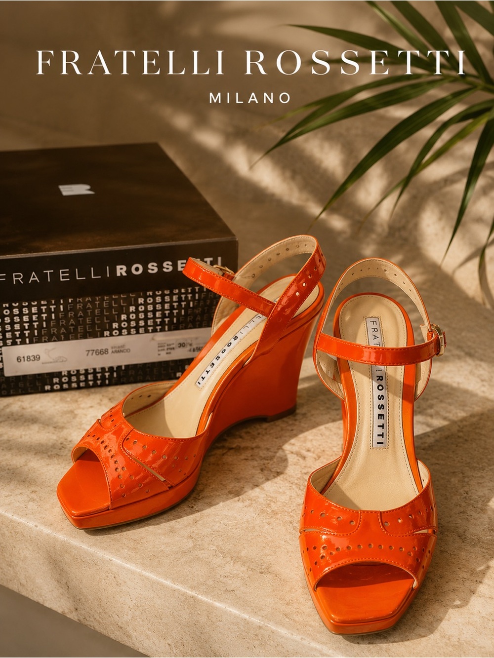 Fratelli Rossetti Orange Patent Leather Wedge Sandals 38.5